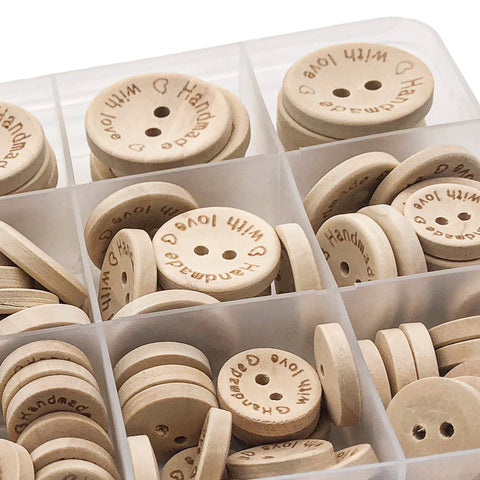 Button assortment with 120+ pieces "Handmade with Love" wooden buttons